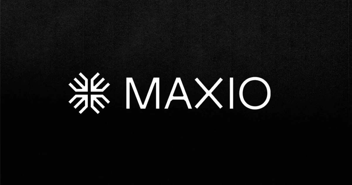 A snowflake-like logo is next to the text "MAXIO" on a black background, conveying a clean, modern design.