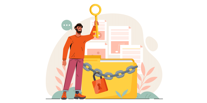 A man stands holding a large key beside a folder wrapped in a chain and padlock, symbolizing secure Google Drive document sharing.