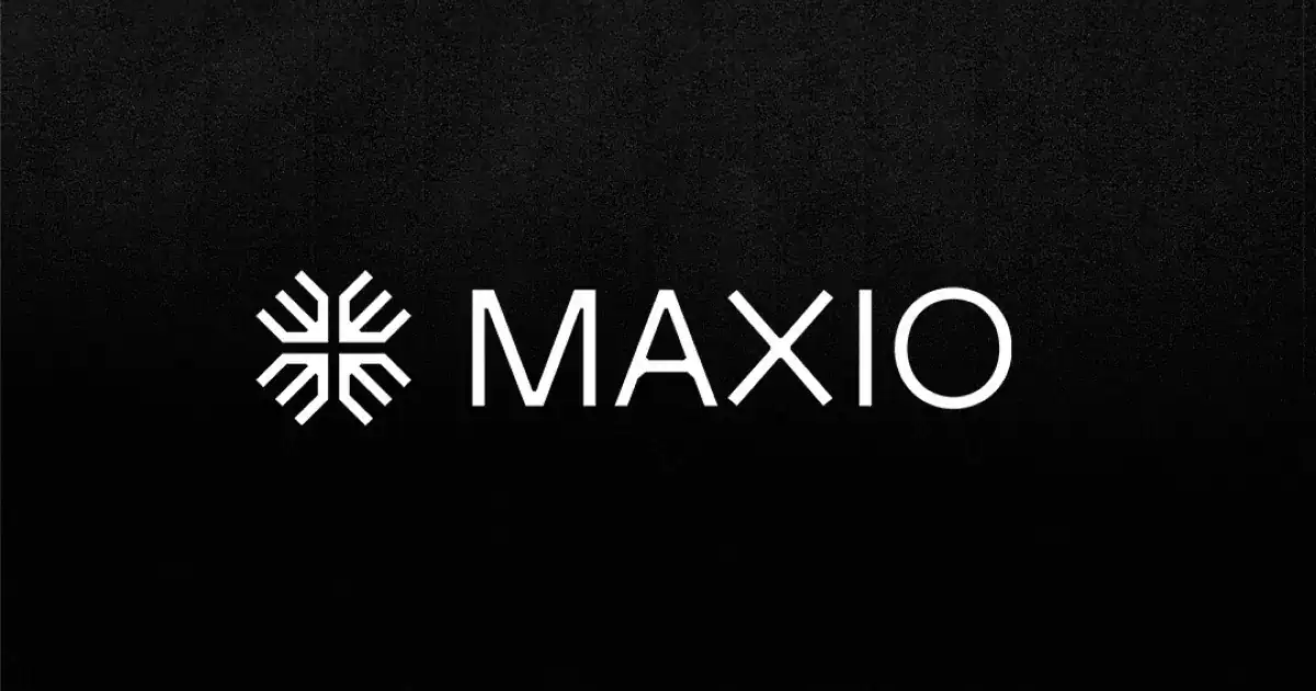 A snowflake-like logo is next to the text "MAXIO" on a black background, conveying a clean, modern design.