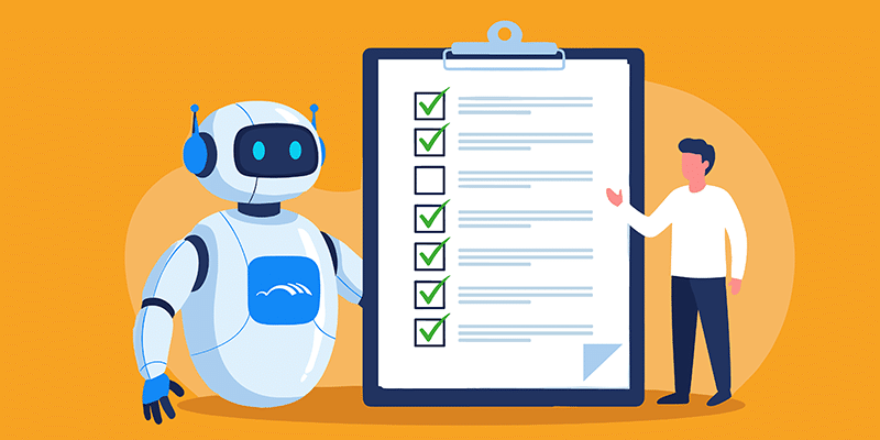 A robot and a person stand beside a large clipboard checklist with most boxes checked, highlighting IT automation on an orange background.