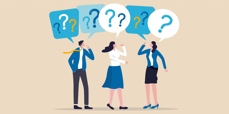 Three illustrated people stand side by side, each with a question mark in a speech bubble above their head, representing confusion or uncertainty related to IT leadership challenges.