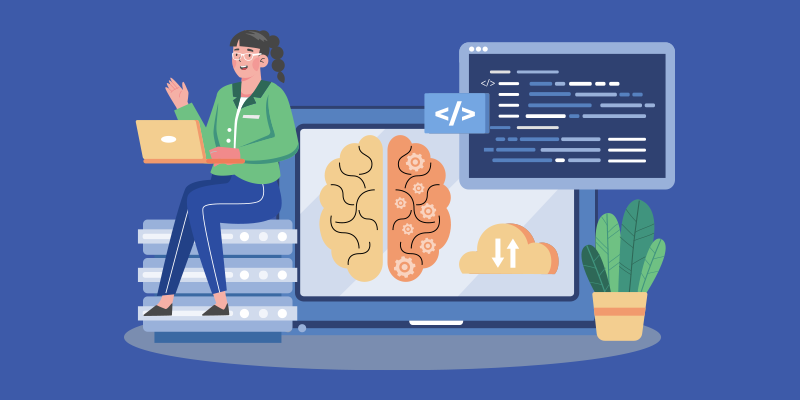 A woman sits on stacked books using a laptop, positioned beside another laptop screen that shows a brain graphic, code window, and cloud icon. A small plant rests nearby. The scene has a blue background and visually represents the transition to IT automation and natural language workflows replacing manual click-based operations.