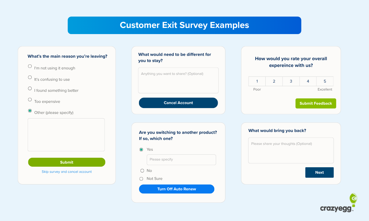 Five exit survey question examples: main reason for leaving, what would make you stay, experience rating, competitor switch, and what would bring you back.